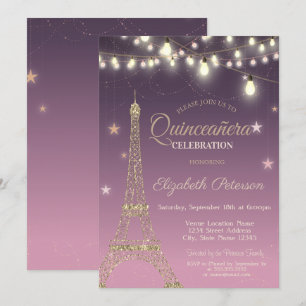 Gold Glitter Eiffel Tower,Burgundy  Quinceañera Invitation