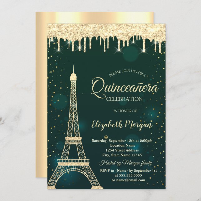 Gold Glitter Eiffel Tower,Drips Green Quinceañera  Invitation (Front/Back)