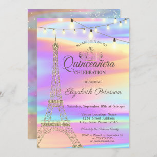 Gold Glitter Eiffel Tower Holographic Quinceañera Invitation