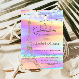 Gold Glitter Eiffel Tower Holographic Quinceañera Invitation