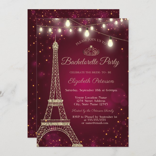Gold Glitter Eiffel Tower,Tiara Bachelorette Party Invitation (Front/Back)