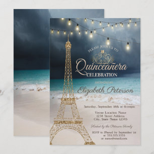 Gold Glitter Eiffel Tower,Tiara Beach Quinceañera Invitation