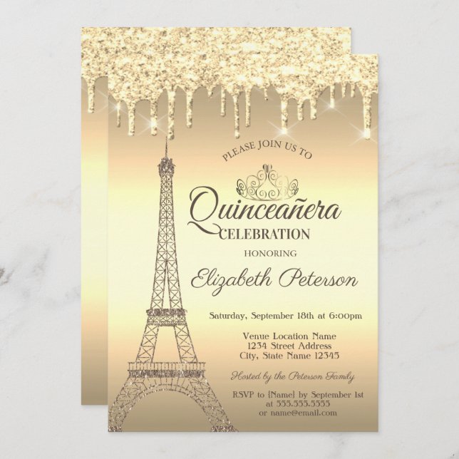 Gold Glitter Eiffel Tower,Tiara,Drips Quinceañera  Invitation (Front/Back)