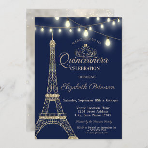 Gold Glitter Eiffel Tower,Tiara Quinceañera Invitation