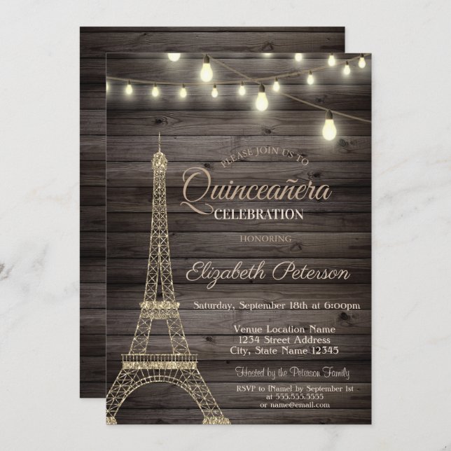 Gold Glitter Eiffel Tower,Wood  Quinceañera  Invitation (Front/Back)
