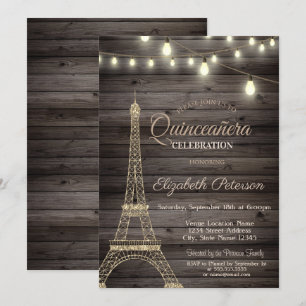 Gold Glitter Eiffel Tower,Wood  Quinceañera  Invitation
