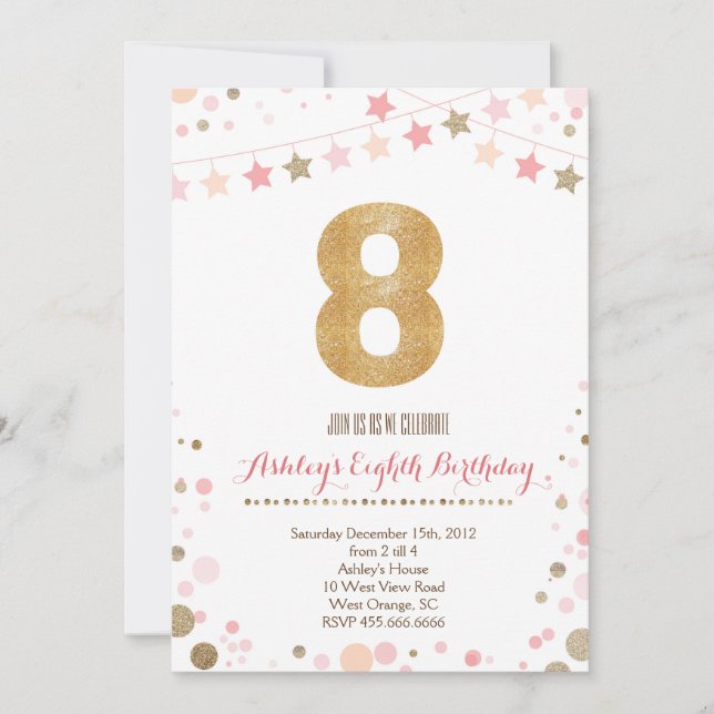 Gold Glitter Eighth Birthday Invitation (Front)