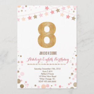 Gold Glitter Eighth Birthday Invitation