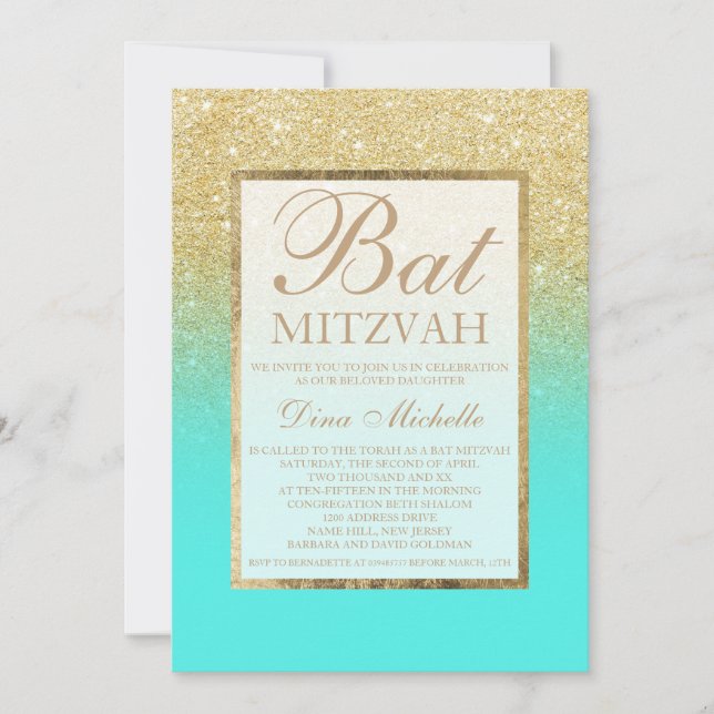 Gold glitter elegant aqua teal chic Bat Mitzvah Invitation (Front)