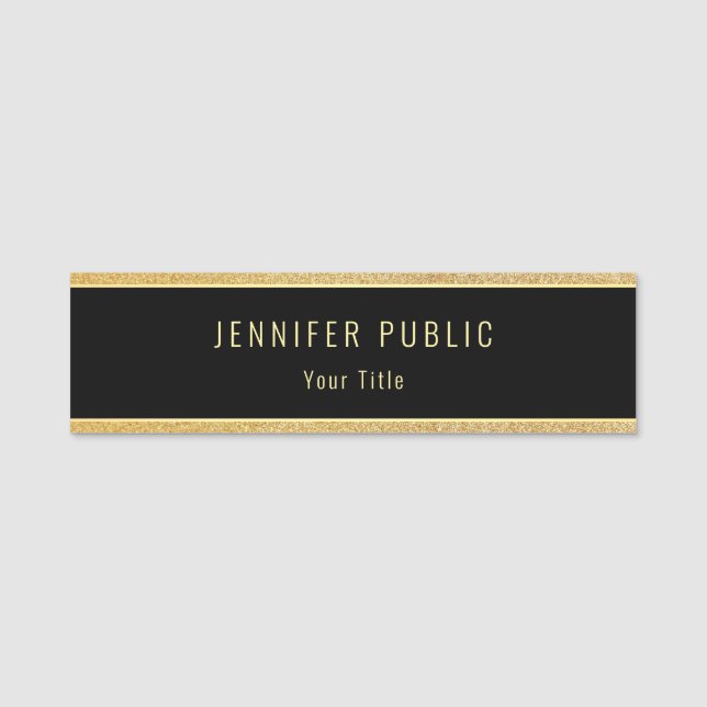 Gold Glitter Elegant Black Template Modern Name Tag (Front)
