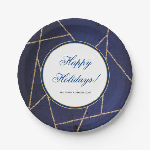 Gold Glitter Elegant Dark Blue Christmas Paper Plate