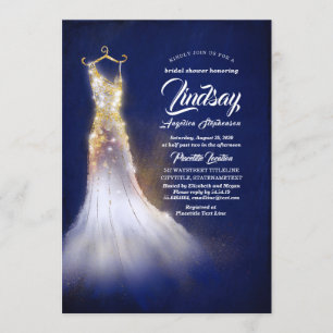 Gold Glitter Elegant Dress Navy Blue Bridal shower Invitation