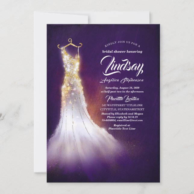 Gold Glitter Elegant Dress Purple Bridal shower Invitation (Front)