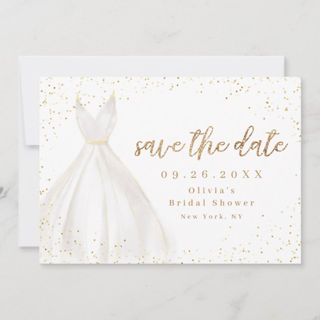 Gold Glitter Elegant Dress Save The Date (Front)