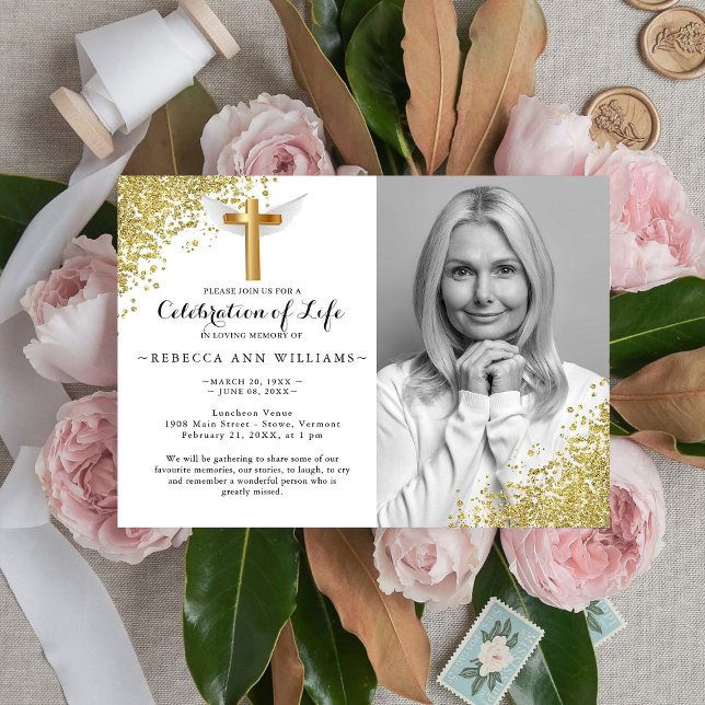 Gold Glitter Elegant Photo Celebration of life Invitation (Creator Uploaded)