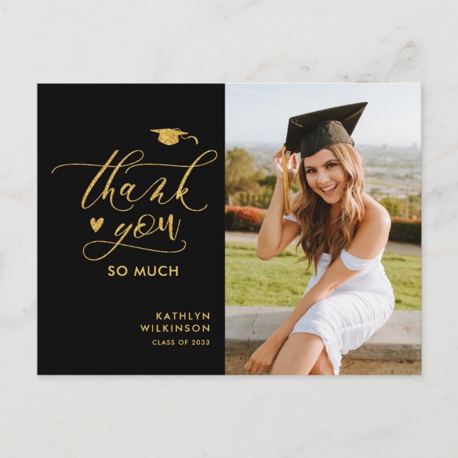 Gold Glitter Elegant Script Graduation Thank You Postcard (Front)