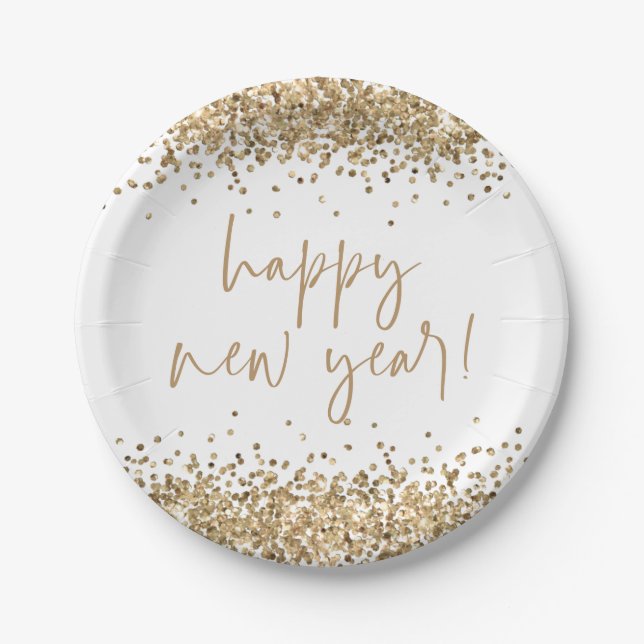 Gold Glitter Elegant Script Happy New Year White Paper Plate (Front)