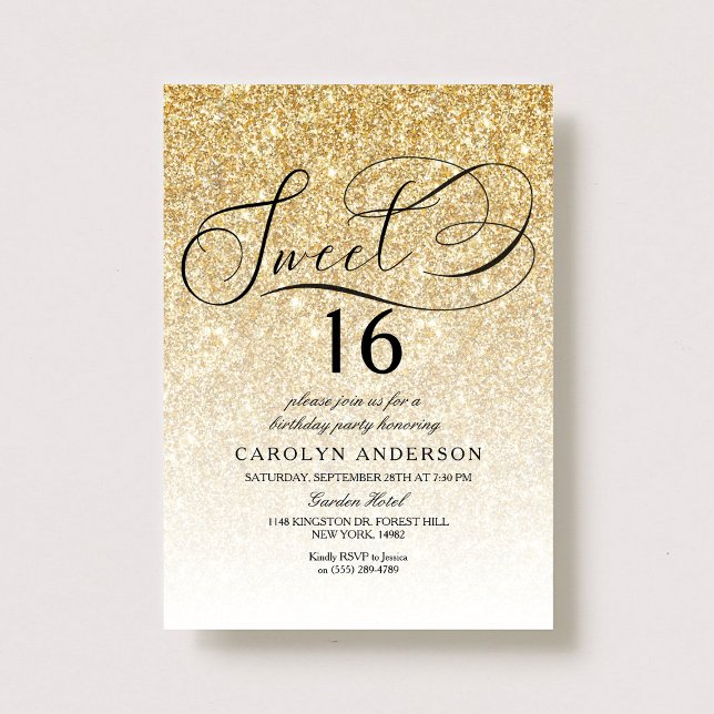 Gold Glitter Elegant Script Sweet 16 Birthday Invitation (Creator Uploaded)