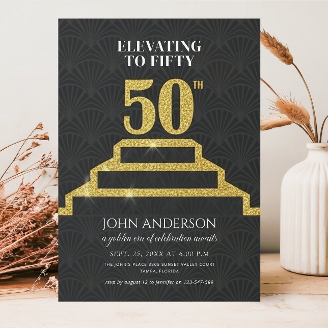 Gold Glitter Elevating To Fifty 50th Birthday Invitation (Creator Uploaded)
