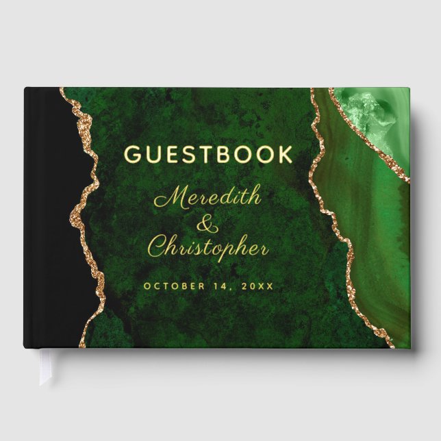 Gold Glitter Emerald Green Agate Wedding Gold Foil Guest Book (Front)