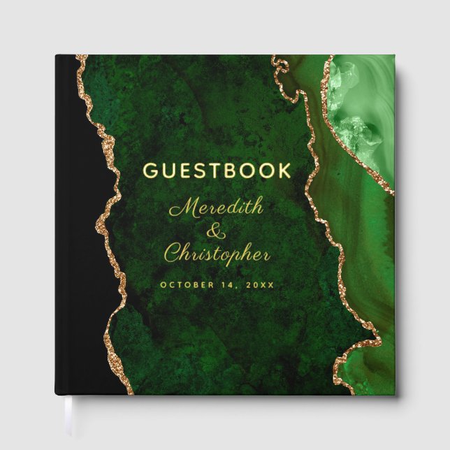 Gold Glitter Emerald Green Agate Wedding Gold Foil Guest Book (Front)