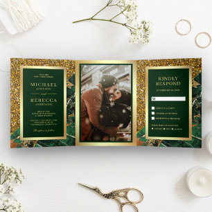 Gold Glitter Emerald Green Marble Photo Wedding Tri-Fold Invitation