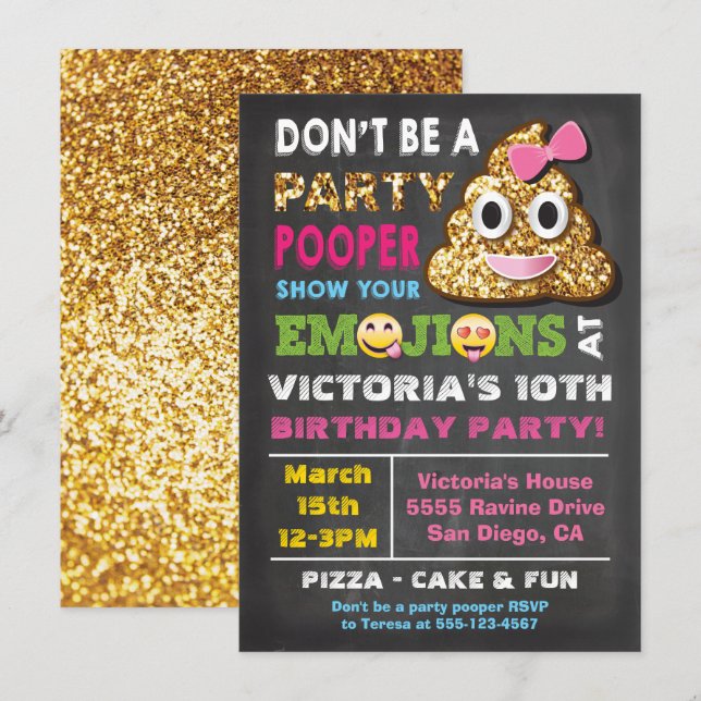 Gold Glitter Emoji Party Pooper Girl Birthay Invitation (Front/Back)