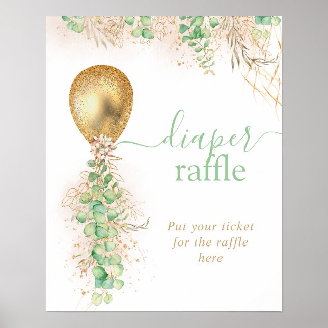 Gold Glitter Eucalyptus Balloon Diaper Raffle Post Poster (Front)