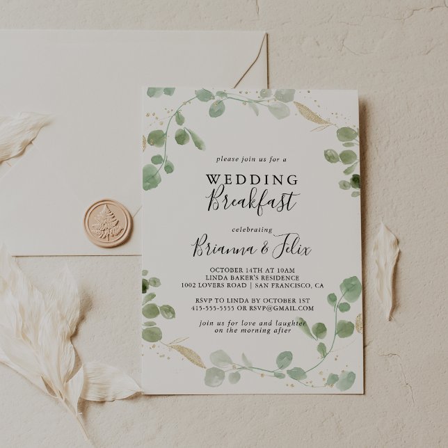 Gold Glitter Eucalyptus Foliage Wedding Breakfast  Invitation (Creator Uploaded)