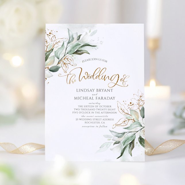 Gold Glitter Eucalyptus Greenery Elegant Wedding Invitation (Elegant Greenery Wedding Invitation)
