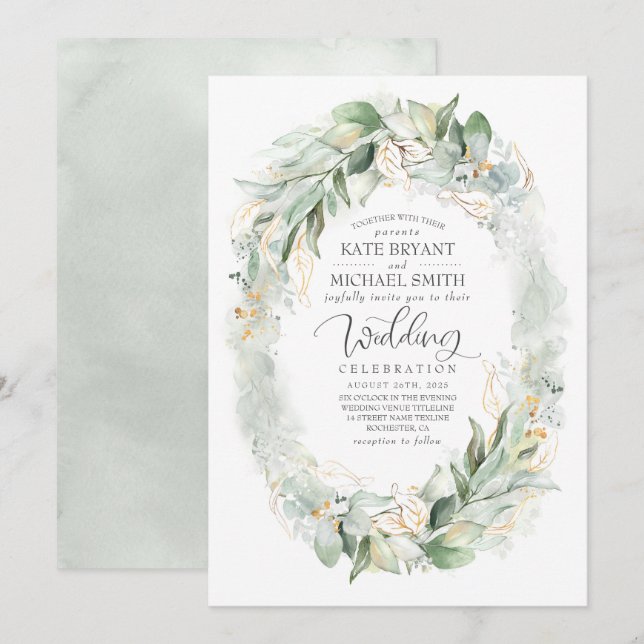 Gold Glitter Eucalyptus Greenery Wreath Wedding Invitation (Front/Back)