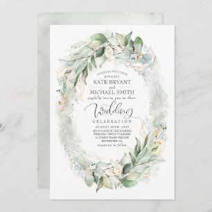Gold Glitter Eucalyptus Greenery Wreath Wedding Invitation