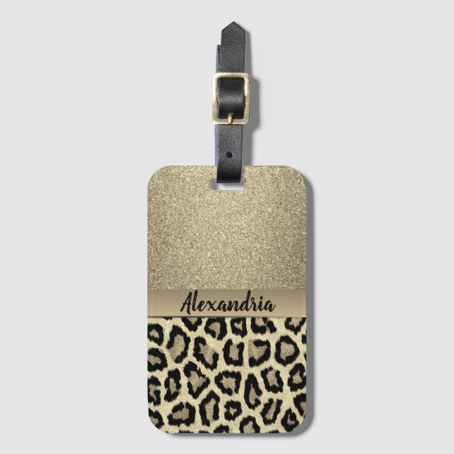Gold Glitter Exotic Leopard Print Luggage Tag (Front Vertical)