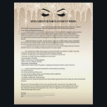 Gold Glitter EYELASH EXTENSION CONSENT FORM   Flyer<br><div class="desc">Eyelash Extensions Consent forms are perfect for your Lash Extension business. This modern and sophisticated consent form design features a glamourous , minimalistic illustration of a woman's eyelashes over a champagne gold Glitter Drippings, a title and a block where you can insert all your informed consent details on a luxury...</div>