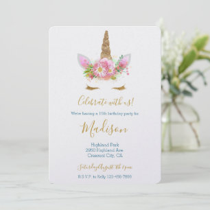 Gold Glitter Eyelash Pink Floral Unicorn Birthday Invitation
