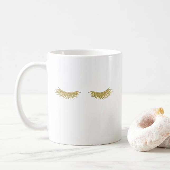 Gold Glitter Eyelashes Coffee Mug (With Donut)
