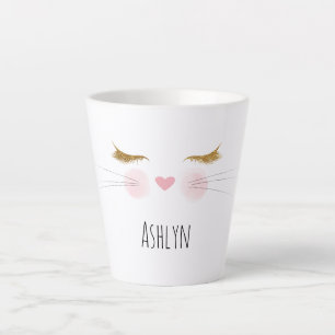 Gold Glitter Eyelashes Pink Nose Kitty Cat Face Latte Mug