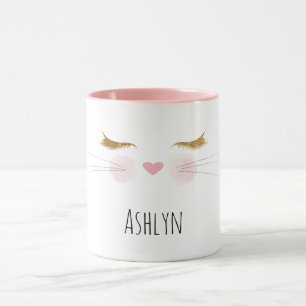 Gold Glitter Eyelashes Pink Nose Kitty Cat Face Mug