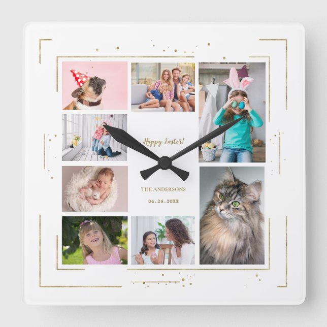 Gold Glitter Family Photo Collage Happy Easter Square Wall Clock (Front)