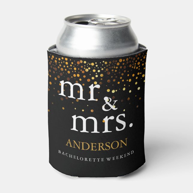 Gold Glitter Faux Foil Mr. & Mrs. Can Cooler (Can Front)