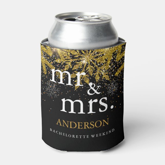 Gold Glitter Faux Foil Mr. & Mrs. Can Cooler (Can Front)