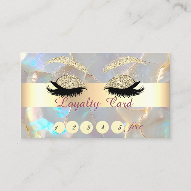 Gold Glitter Faux Lashes Opal Stone Loyalty Card (Front)