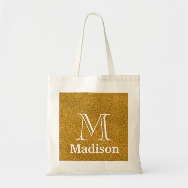 Gold glitter faux personalised monogram tote bag (Front)