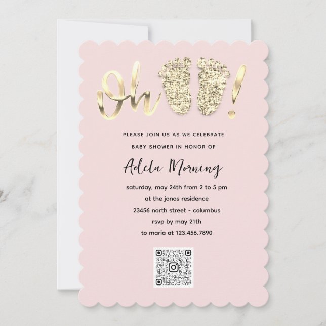 Gold Glitter Feet Baby Girl Boy QR CODE Powder Invitation (Front)