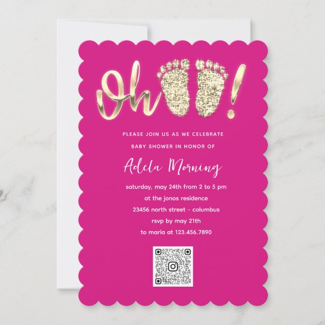 Gold Glitter Feet Baby Girl QR CODE Pink  Invitation (Front)