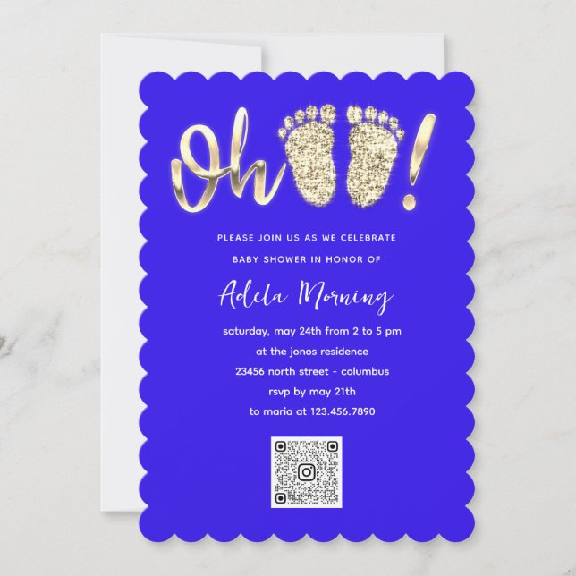 Gold Glitter Feet Baby Girl QR CODE Royal Blue  Invitation (Front)