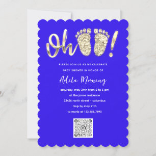 Gold Glitter Feet Baby Girl QR CODE Royal Blue  Invitation