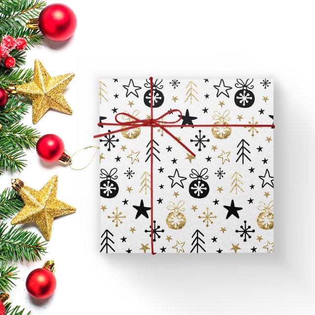 Gold Glitter Festive Christmas Snowflake with Ball Wrapping Paper (Creator Uploaded)