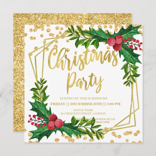 Gold Glitter Festive Holly Frame Glitter Christmas Invitation (Front/Back)