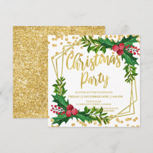 Gold Glitter Festive Holly Frame Glitter Christmas Invitation